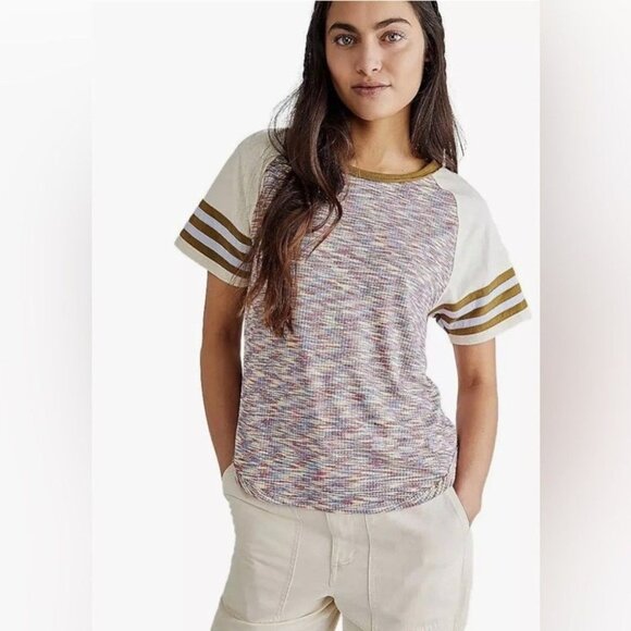 WE THE FREE Tailgate Tee Sz S Multicolor Print Raglan Striped Sleeves Retro 70s - Picture 2 of 10